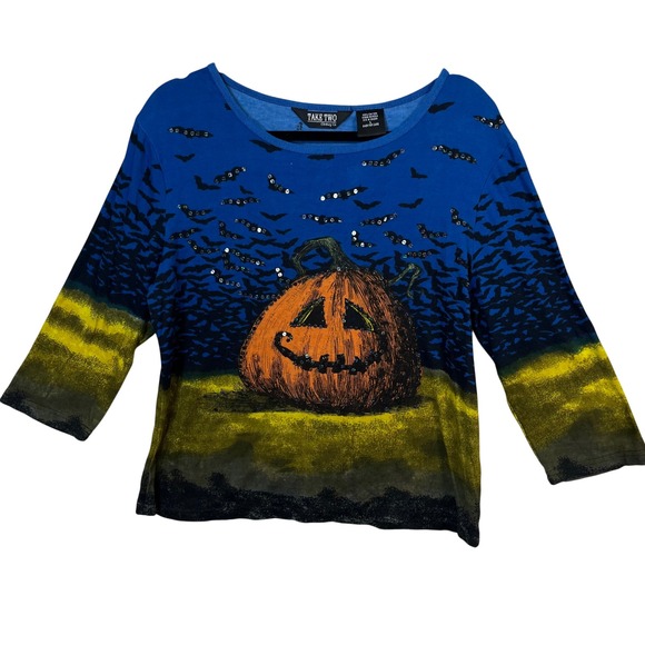 Vintage Y2K Take Two All Over‎ Graphic Bats and Pumpkin Print Ombre Size Large - Picture 1 of 4